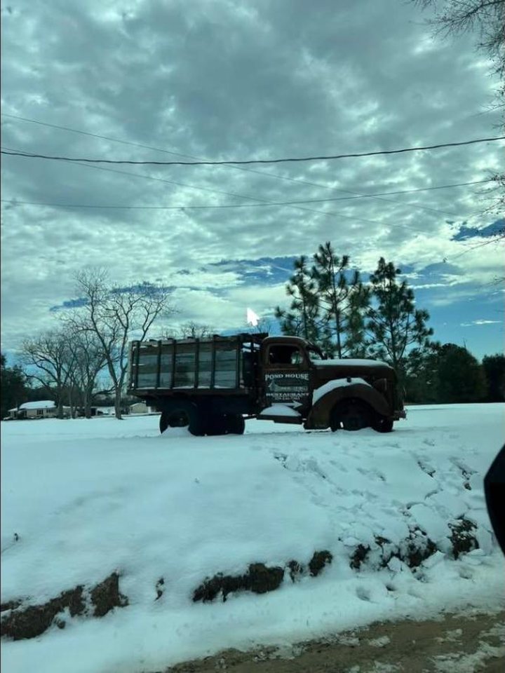 The old Pond House delivery truck parked out front after a rare South Georgia snow